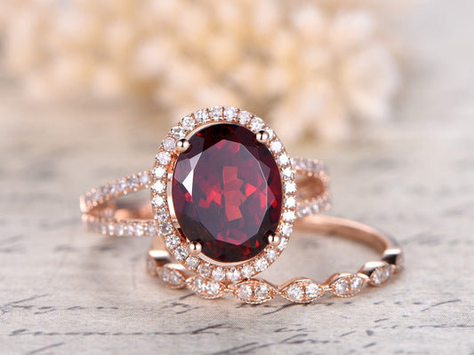 8x10mm Oval Cut Red Garnet Engagement Ring Set 2pcs 14K Rose Gold Diamond Halo Split Shank and Art Deco Band