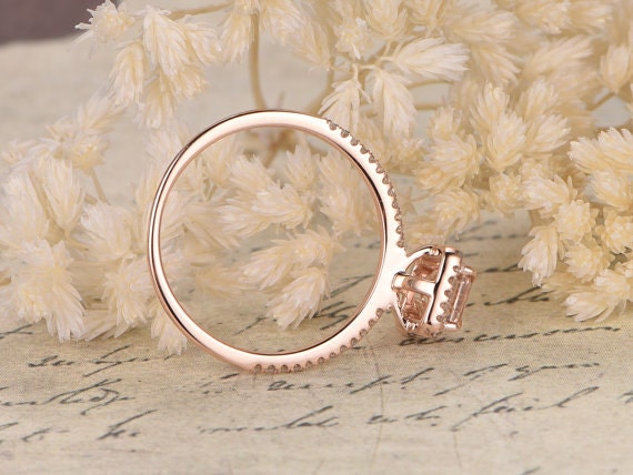 Bague de fiançailles Deco Morganite, alliance en or rose et diamants, bague morganite taille émeraude 6x8mm, bague femme diamant demi-alliance