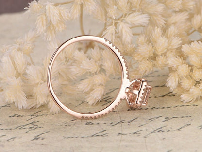 Bague de fiançailles Deco Morganite, alliance en or rose et diamants, bague morganite taille émeraude 6x8mm, bague femme diamant demi-alliance