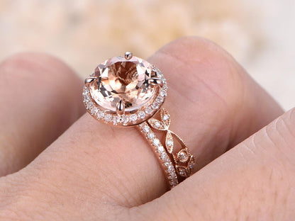 Ensemble de bagues en morganite ronde de 8 mm, bague de fiançailles en or rose 14 carats avec morganite et diamants, alliance sertie de diamants, bague sertie de diamants sur toute la longueur, bague ornée de diamants à motif floral