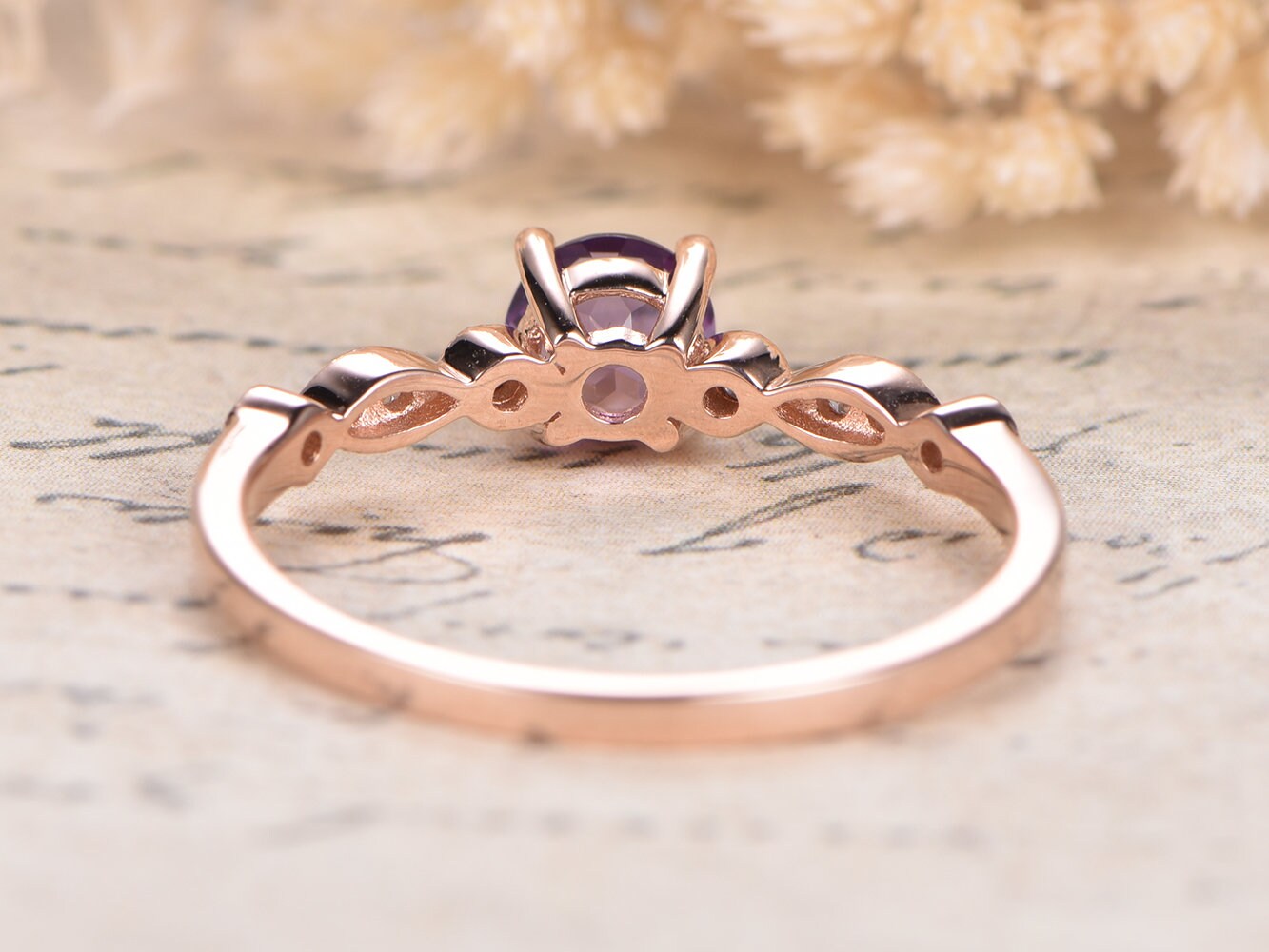 Bague de fiançailles en améthyste, alliance en or rose 14 carats sertie de diamants, demi-alliance, bague de mariage, améthyste de 5 mm, bague femme, bague de promesse