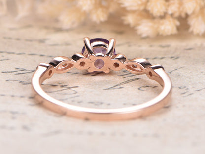 Bague de fiançailles en améthyste, alliance en or rose 14 carats sertie de diamants, demi-alliance, bague de mariage, améthyste de 5 mm, bague femme, bague de promesse