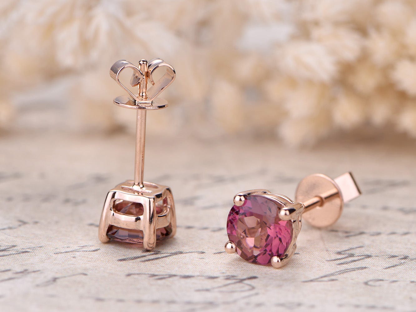 6mm Round Cut Pink Tourmaline Engagement Earrings 18K Rose Gold