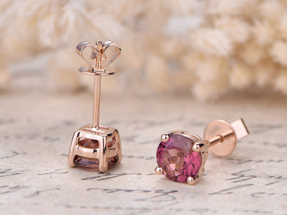 6mm Round Cut Pink Tourmaline Engagement Earrings 18K Rose Gold