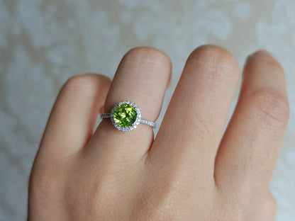 7mm Round Cut Peridot Engagement Ring 14K White Gold Diamond Halo Half Eternity Design