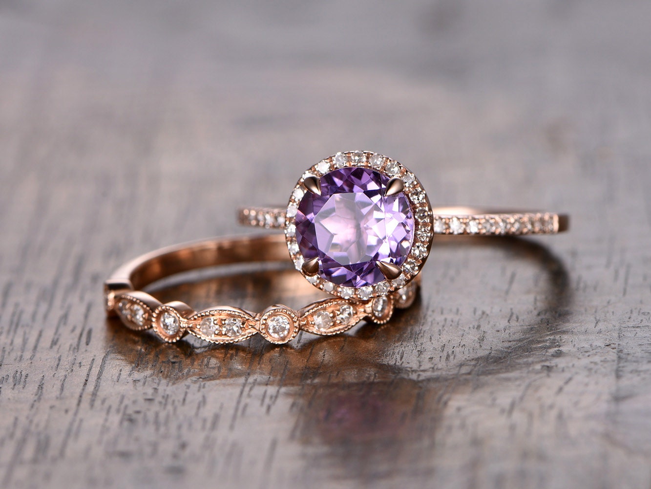 6.5mm Round Cut Amethyst Engagement Ring Set 2pcs Halo Diamond 14K Rose Gold Half Eternity