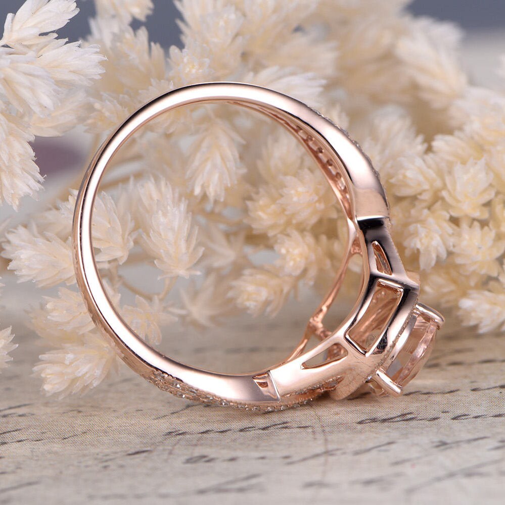 Bague en or rose 14 carats avec morganite rose, bague de fiançailles et alliance sertie de diamants, anneau fendu, diamants taille poire 6x8 mm.