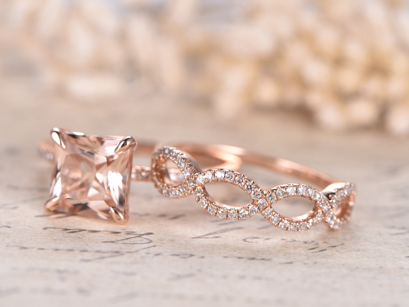 8mm Princess Cut Morganite Engagement Ring Set 2pcs 14K Rose Gold Solitaire | Diamond Split Shank Matching Band