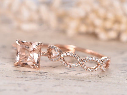 8mm Princess Cut Morganite Engagement Ring Set 2pcs 14K Rose Gold Solitaire | Diamond Split Shank Matching Band
