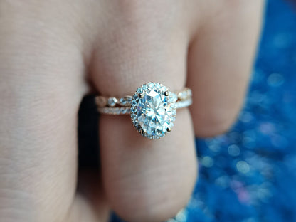 Bague en or blanc avec moissanite VVS 6x8 mm, bague de fiançailles ovale en moissanite 1,5 ct, alliance en or rose 14 carats avec halo de moissanite pour femme
