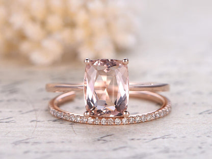 7x9mm Cushion Cut Morganite Engagement Ring Set 2pcs 14K Rose Gold Solitaire | Opening Thin Matching Band