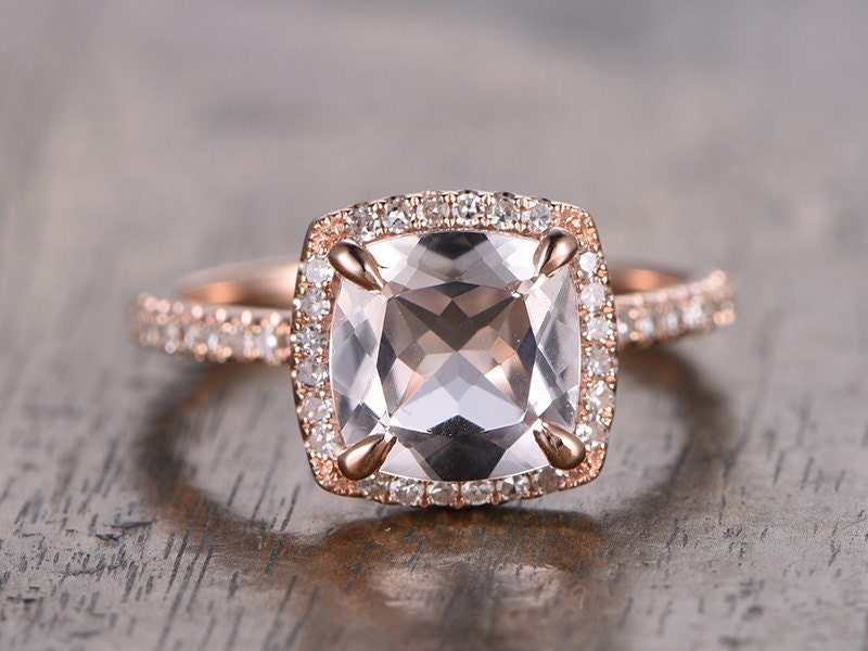 Bague de fiançailles en morganite, or rose, alliance en diamants, pierre précieuse coussin, bague de promesse, halo 8 mm, or massif 14 carats