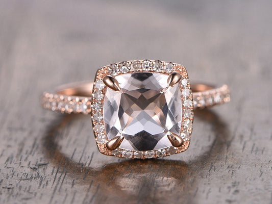 Bague de fiançailles en morganite, or rose, alliance en diamants, pierre précieuse coussin, bague de promesse, halo 8 mm, or massif 14 carats