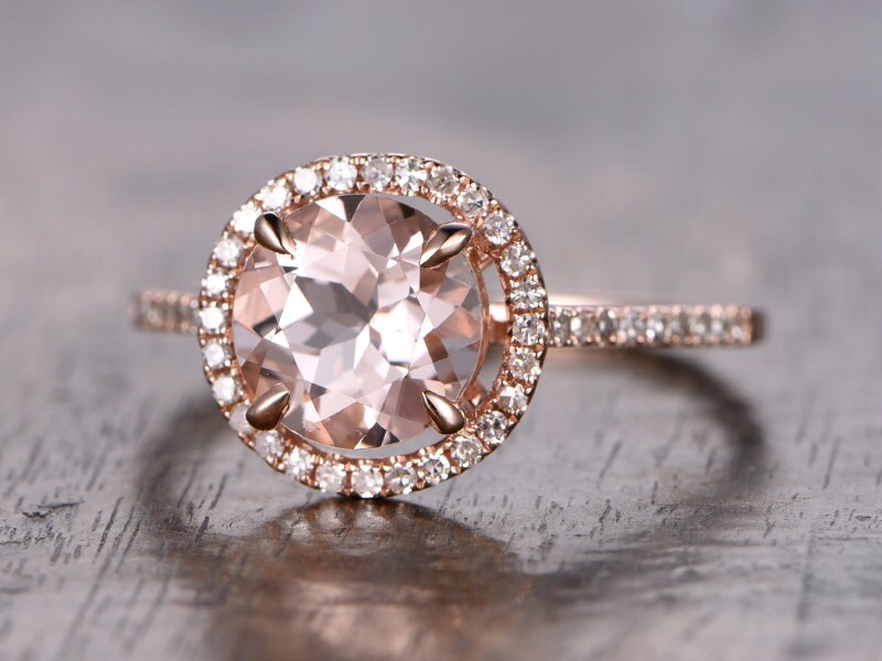 Bague de fiançailles vintage en or jaune avec morganite de 7 mm, bague halo de diamants pour femme, bague art déco, bague d'anniversaire unique, bague de mariée