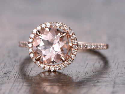Bague de fiançailles vintage en or jaune avec morganite de 7 mm, bague halo de diamants pour femme, bague art déco, bague d'anniversaire unique, bague de mariée