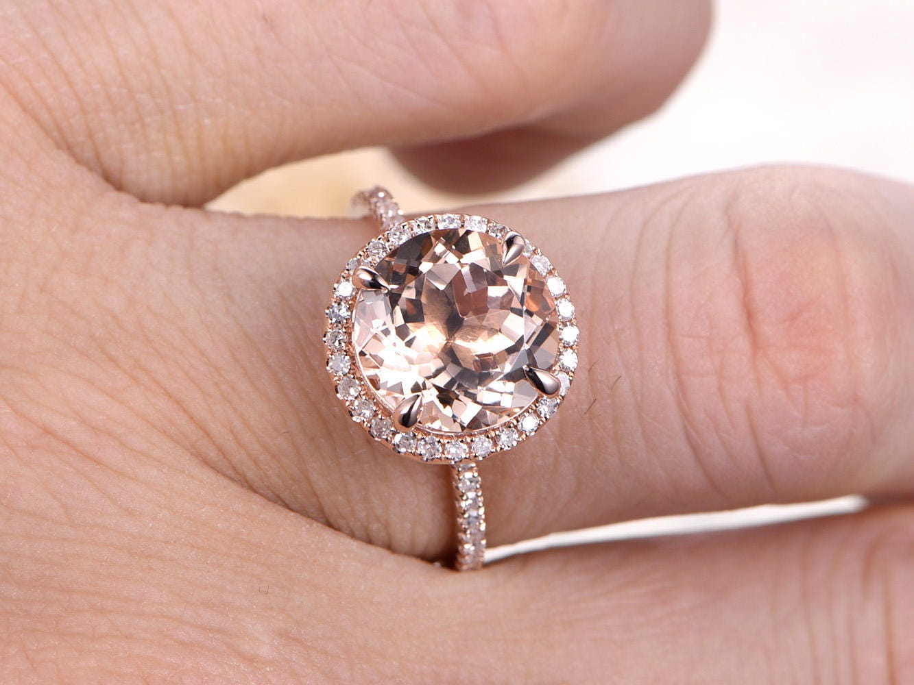 8mm Round Cut Morganite Engagement Ring 14K Rose Gold Diamond Halo Half Eternity