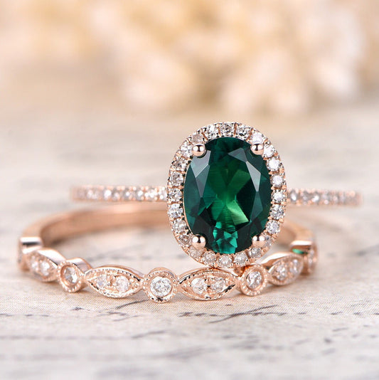 6x8mm-oval-cut-emerald-engagement-ring-set-2pcs-milgrain-bridal-14k-rose-gold-diamond-halo
