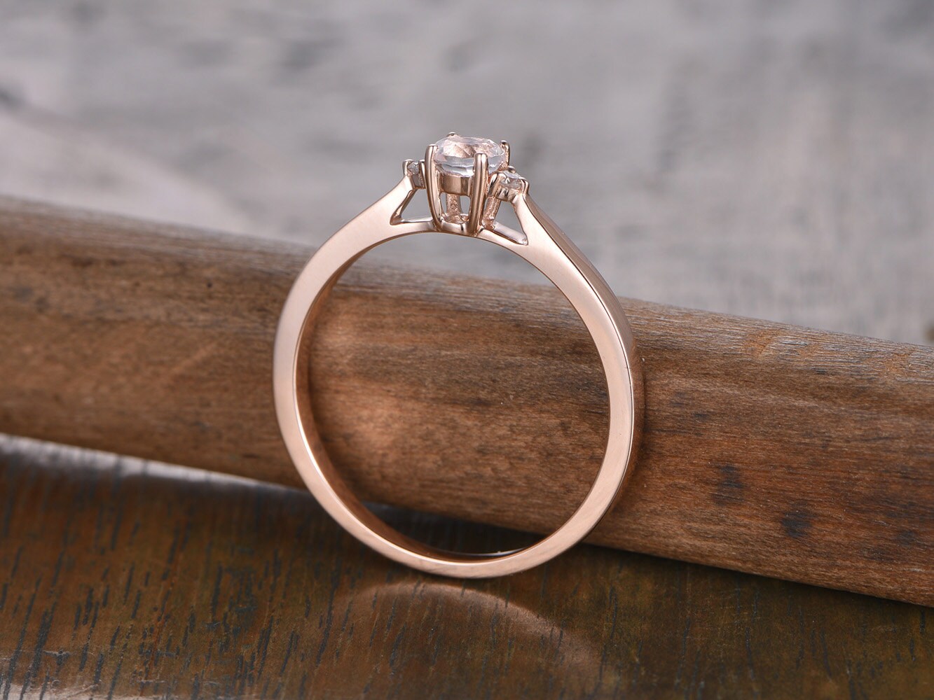 6.5mm Round Cut Morganite Engagement Ring 14K Rose Gold 3pcs Solitaire Plain Band