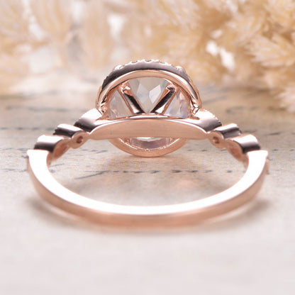 7mm Round Cut Moonstone Engagement Ring 14K Rose Gold Diamond Halo Art Deco Design