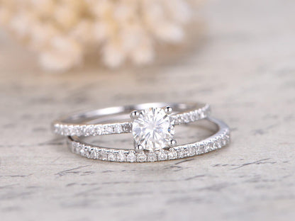 Bague de fiançailles en moissanite taille ronde de 5 mm, alliance en or blanc 14 carats massif, style anneau fin, ensemble de bagues de mariage