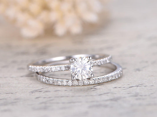 Bague de fiançailles en moissanite taille ronde de 5 mm, alliance en or blanc 14 carats massif, style anneau fin, ensemble de bagues de mariage