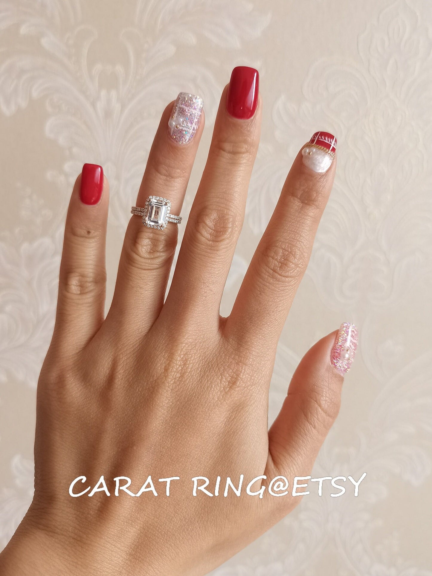 8x10mm Emerald Cut White Topaz Engagement Ring Set 2pcs 14K Rose Gold Diamond Halo | Thin Matching Band