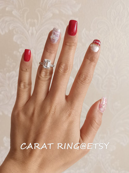 8x10mm Emerald Cut White Topaz Engagement Ring Set 2pcs 14K Rose Gold Diamond Halo | Thin Matching Band