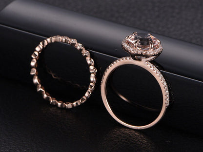 8mm Round Cut Morganite Engagement Ring Set 2pcs 14K Rose Gold Diamond Halo | Full Eternity Art Deco Band