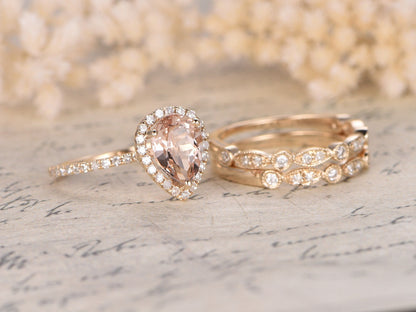 6x8mm Pear Cut Morganite Engagement Ring Set 3pcs 14K Yellow Gold Diamond Halo | Two Art Deco Matching Band