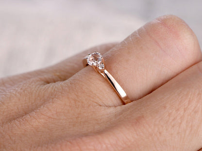 6.5mm Round Cut Morganite Engagement Ring 14K Rose Gold 3pcs Solitaire Plain Band