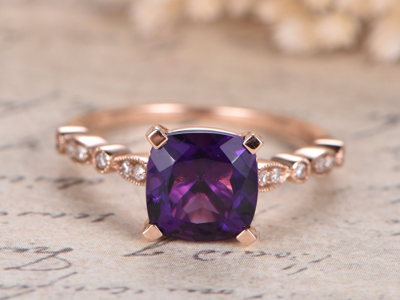 8mm Cushion Cut Amethyst Engagement Ring 14K Rose Gold Solitaire Art Deco Design