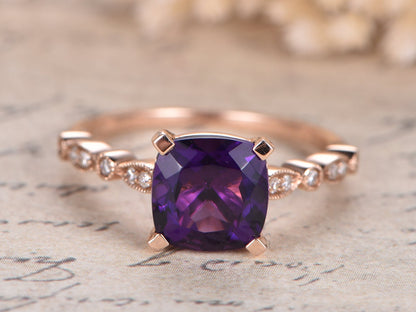 8mm Cushion Cut Amethyst Engagement Ring 14K Rose Gold Solitaire Art Deco Design