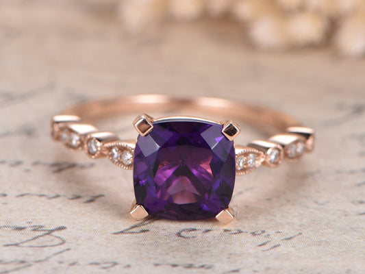 8mm Cushion Cut Amethyst Engagement Ring 14K Rose Gold Solitaire Art Deco Design