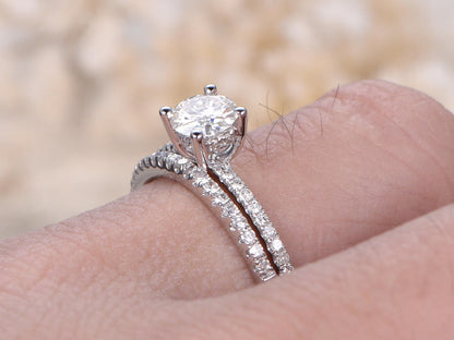 Bague de fiançailles en moissanite taille ronde de 5 mm, alliance en or blanc 14 carats massif, style anneau fin, ensemble de bagues de mariage