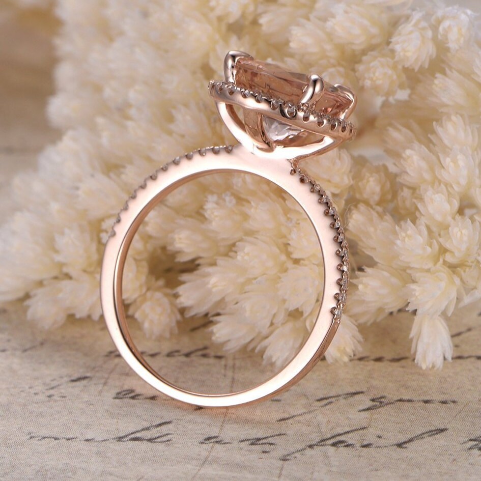 Bague de fiançailles en or rose 14 carats avec morganite et diamants, alliance sertie d'un halo de diamants, bague de fiançailles avec morganite ronde de 9 mm, bague de promesse de mariage