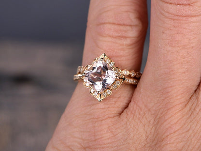 8mm Cushion Cut Moganite Engagement Ring Set 2pcs 14K Yellow Gold Diamond Halo | Art Deco Full Eternity Matching Band