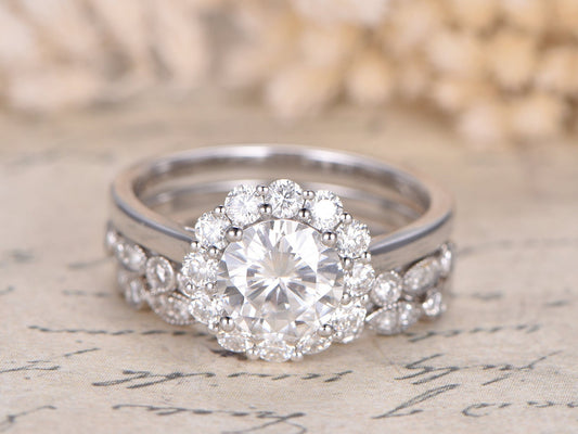 7mm-round-cut-moissanite-engagement-ring-set-3pcs-14k-white-gold-floral-halo-two-art-deco-band