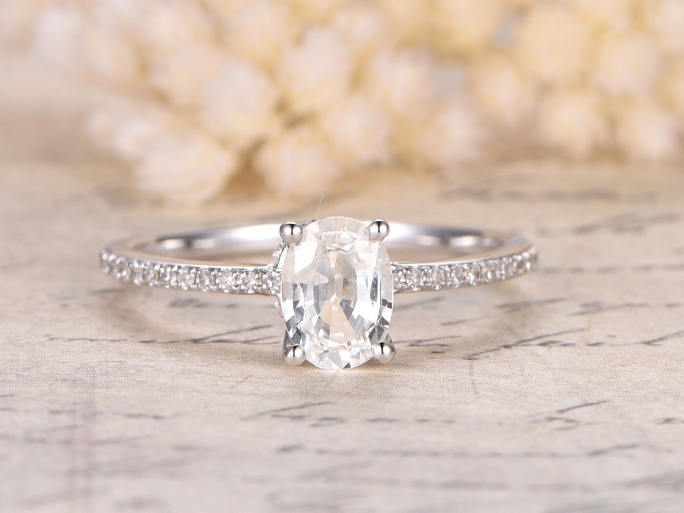 5x7mm Oval Cut White Sapphire Engagement Ring 14K Wthie Gold Diamond Half Eternity