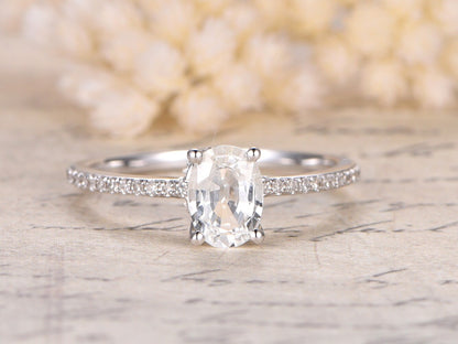 5x7mm Oval Cut White Sapphire Engagement Ring 14K Wthie Gold Diamond Half Eternity