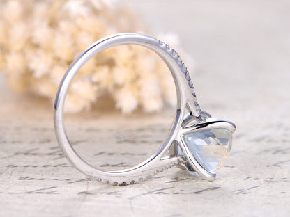 Bague de fiançailles en or blanc 14 carats massif, sertie d'une aigue-marine ovale de 9 x 11 mm, demi-alliance sertie de diamants, bague de promesse, style cathédrale, pavé de billes