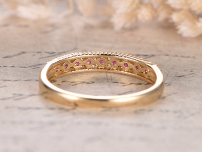 Bague de fiançailles en rubis, alliance pavée de rubis, alliance empilable en or blanc 14 carats massif, bague de mariage pour femme avec rubis