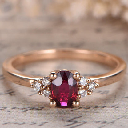 Bague de fiançailles en or rose 14 carats avec rubis rouge VS, anneau simple, bague de promesse en diamant, bague avec rubis ovale traité en laboratoire, alliance en diamant.