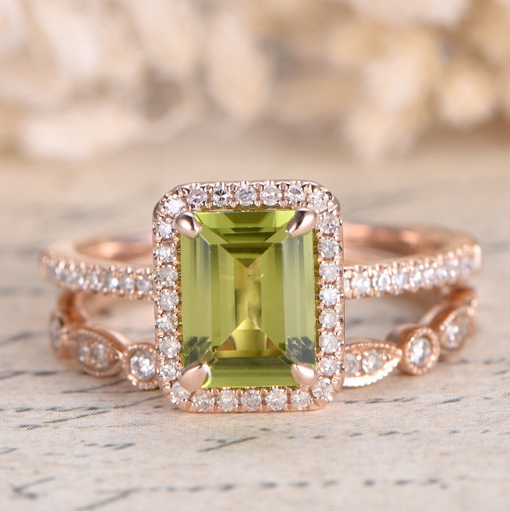 6x8mm-emerald-cut-peridot-engagement-ring-set-14k-rose-gold-art-deco-diamond-ring-august-birthstone
