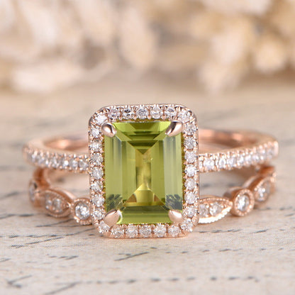 6x8mm-emerald-cut-peridot-engagement-ring-set-14k-rose-gold-art-deco-diamond-ring-august-birthstone