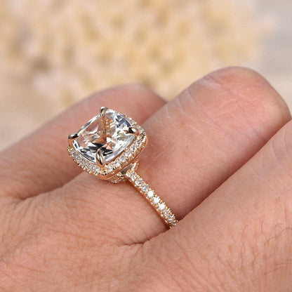 8mm Cushion Cut White Topaz Engagement Ring 14K Yellow Gold Diamond Halo