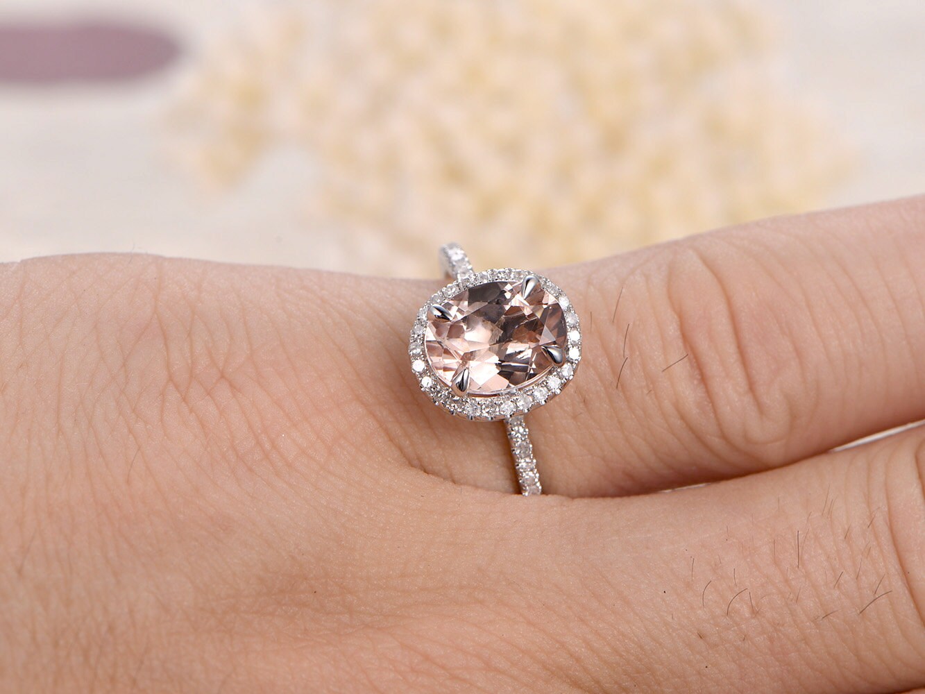 6x8mm Oval Cut Morganite Engagement Ring 14K White Gold Diamond Halo Design Half Eternity