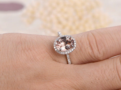 6x8mm Oval Cut Morganite Engagement Ring 14K White Gold Diamond Halo Design Half Eternity