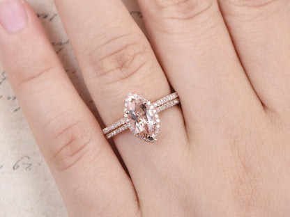 5x10mm Marquise Cut Morganite Engagement Ring Set 2pcs Diamond Halo | Thin Matching Band
