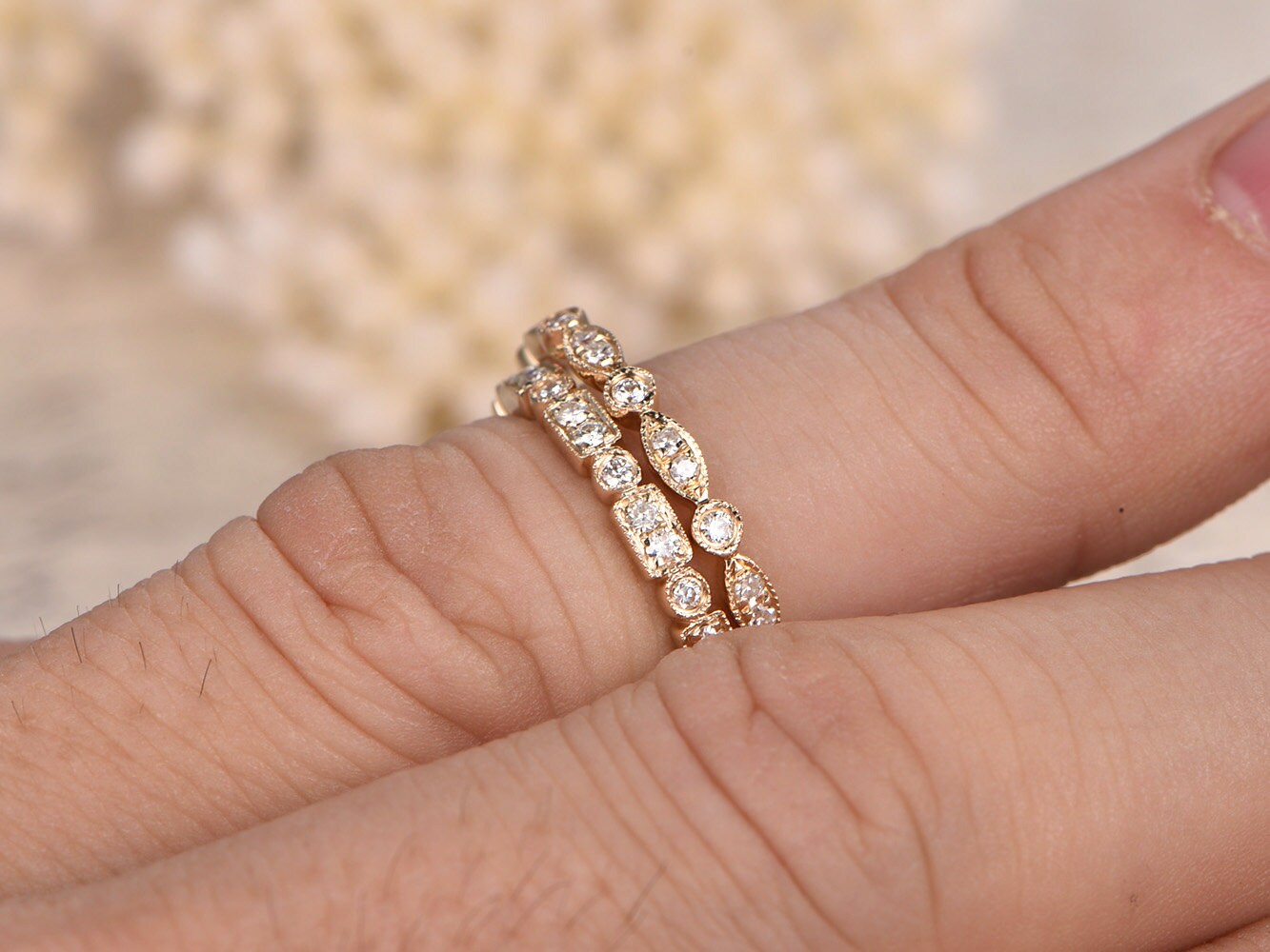 Diamond Wedding Band Set 2pcs 14K Yellow Gold Art Deco | One Half Eternity Band | One Full Eternity Band