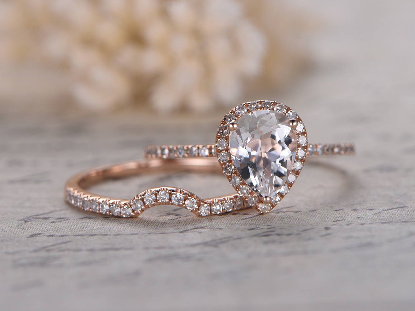 6x8mm-pear-cut-white-topaz-engagement-ring-set-2pcs-14k-rose-gold-curved-diamond-half-eternity-band-halo-curved-matching-band